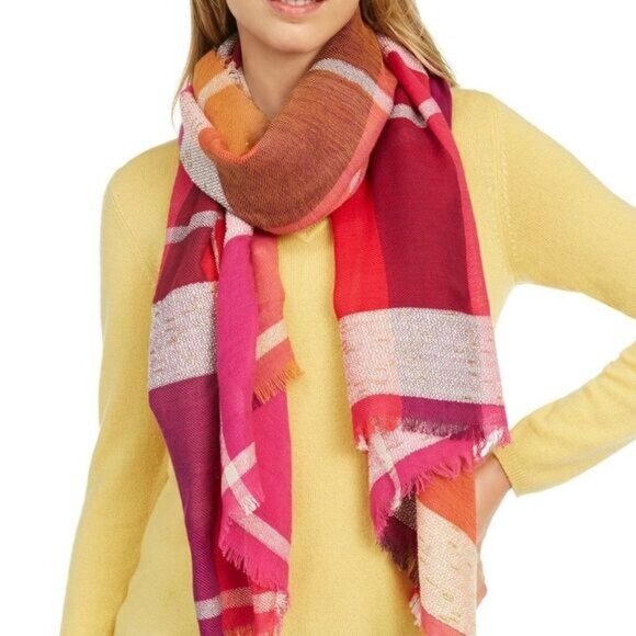 INC International Concepts INC Touch Of Shine Plaid Wrap Scarf, Pink, OS - Picture 2 of 10